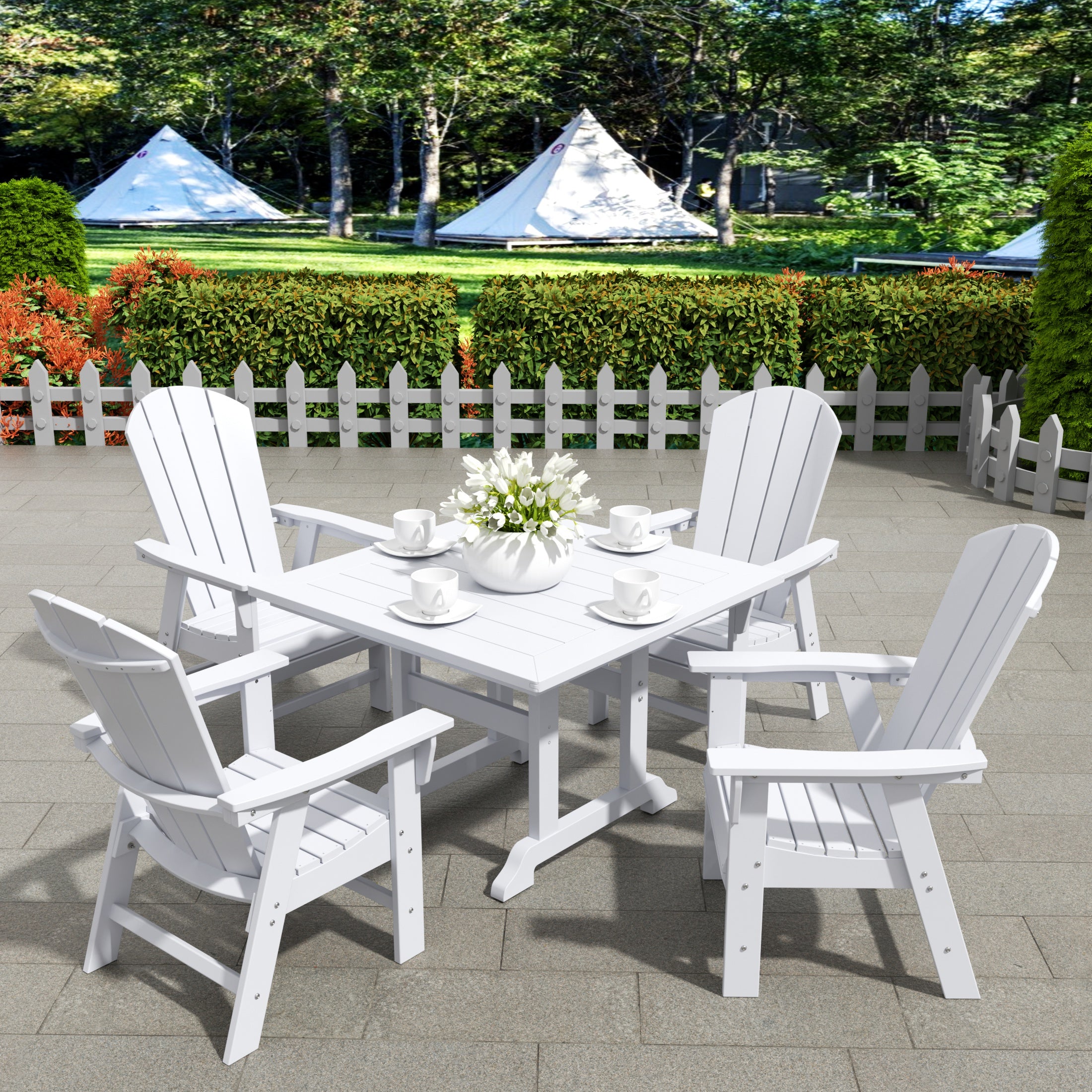 Malibu 5 Piece Outdoor Patio Dining Square Table and Curved Back Armchair Set