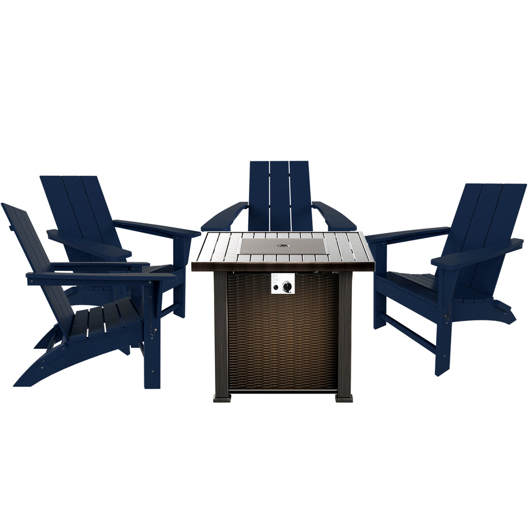 Ashore Modern Folding Poly Adirondack Chair With Square Fire Pit Table Set