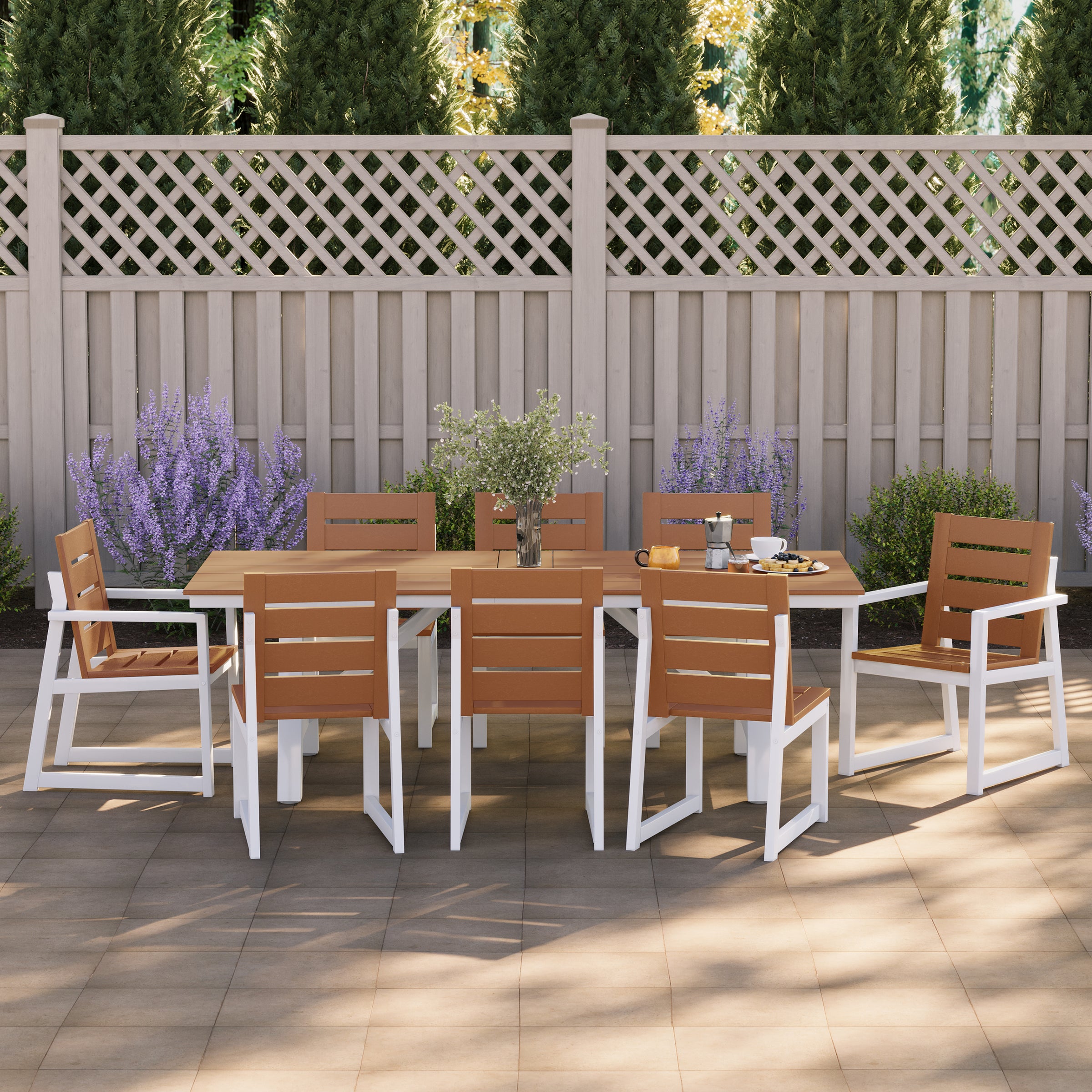 Cape May 9-Piece HDPE Outdoor Furniture Patio Dining Table With Umbrella Hole and Chairs Set For 8