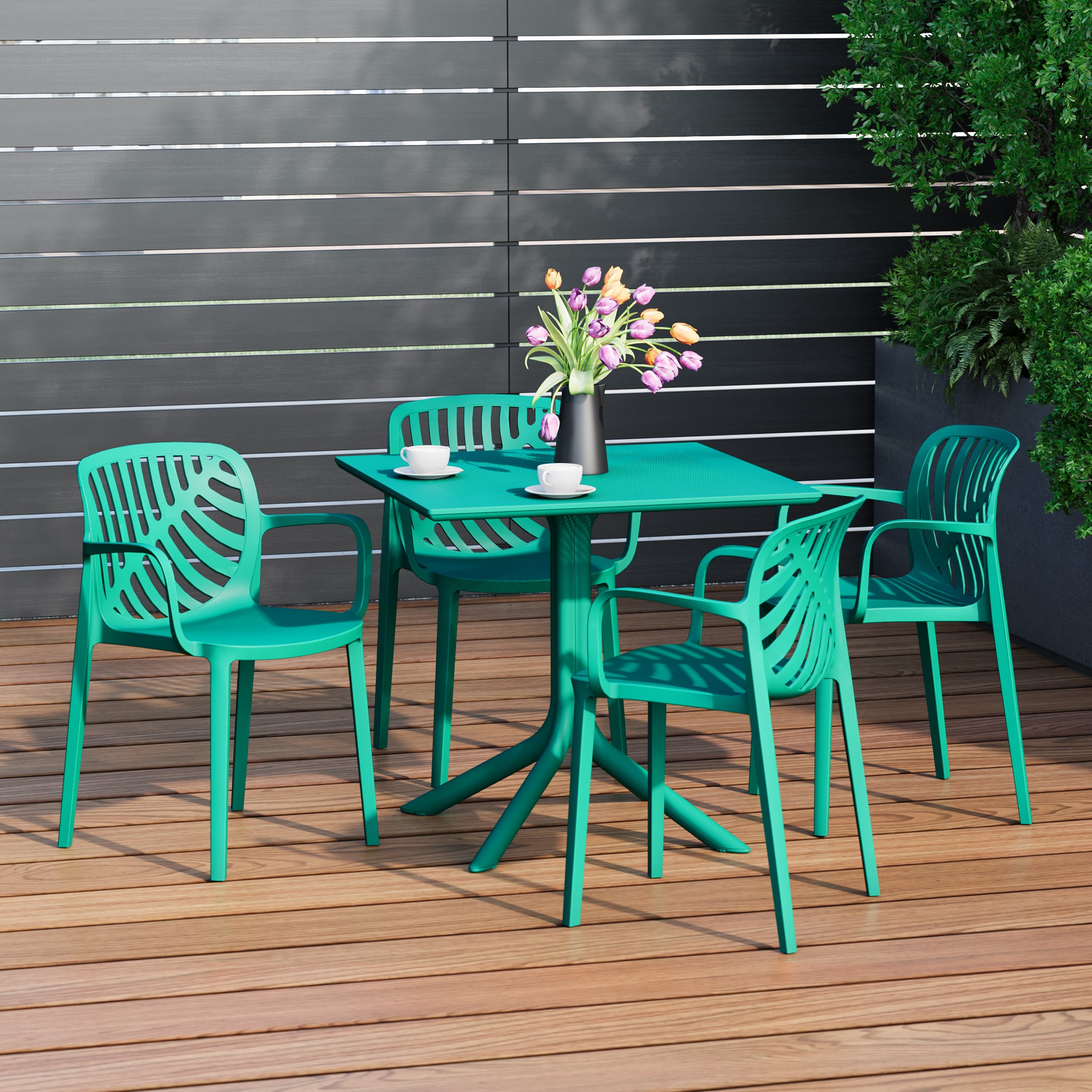 Playa 5-Piece Outdoor Resin Square Patio Dining Table Set with Modern Stackable Patio Dining Chairs