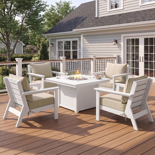 Avalon 5-Piece HDPE Patio Conversation Set with Cushions &amp; Square 42" Fire Pit Table