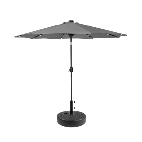 Cyrus 9 ft. Patio Solar Power LED lights Market Umbrella with Black color round free standing weight base kit