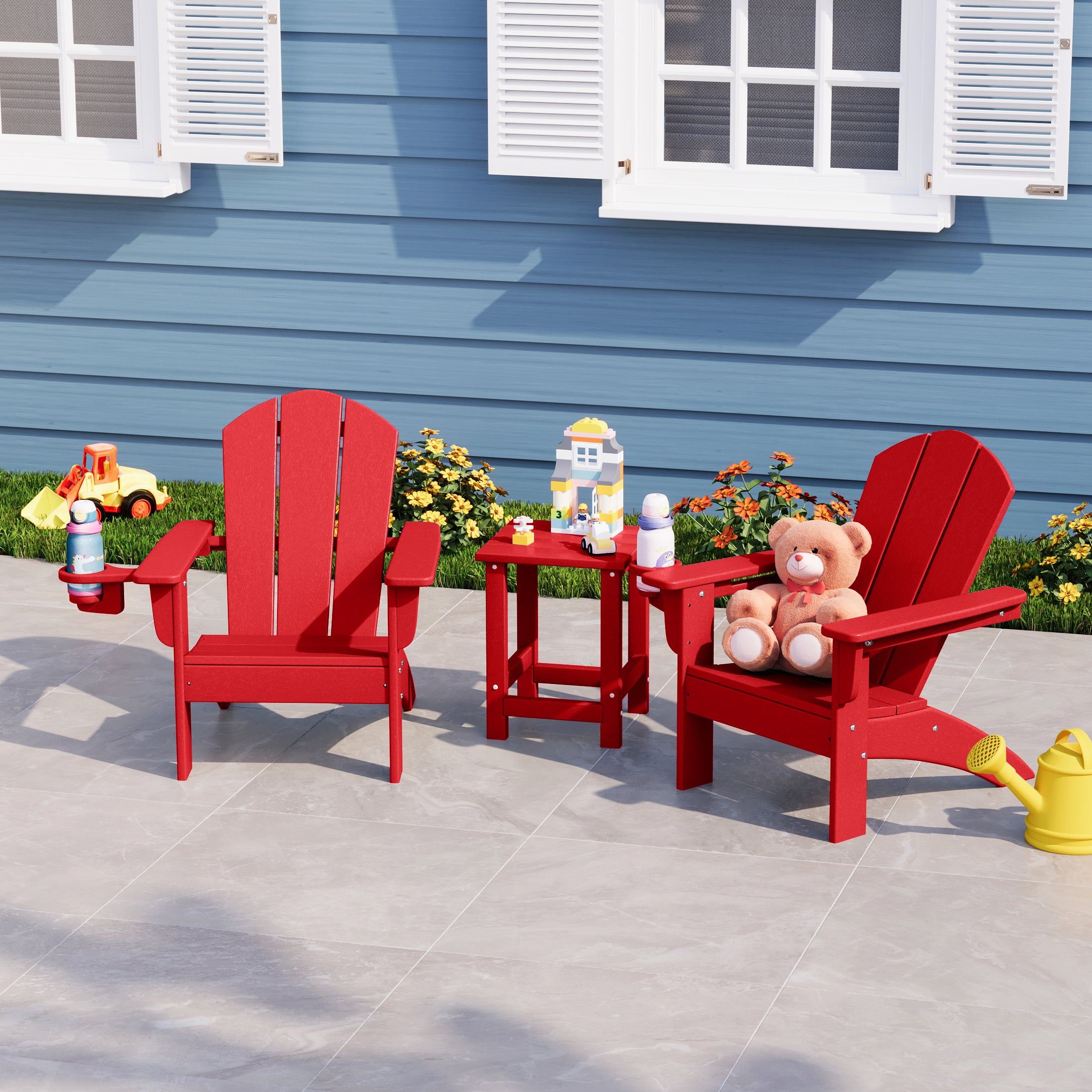 Malibu 3-Piece Kids HDPE Adirondack Chairs Set with Square Side Table and Cup Holders