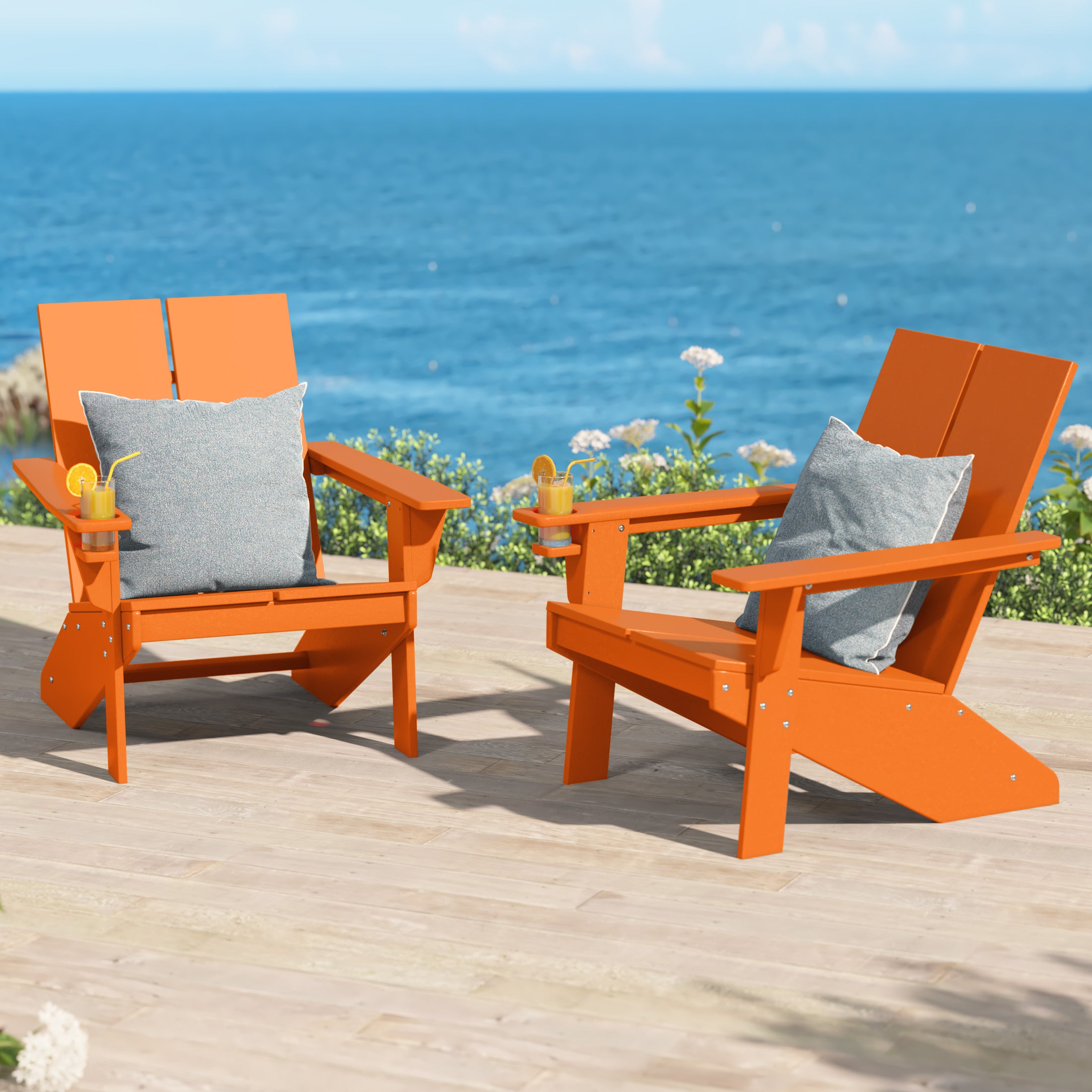 Riviera Outdoor HDPE Modern Adirondack Chair with Cup Holder (Set of 2)