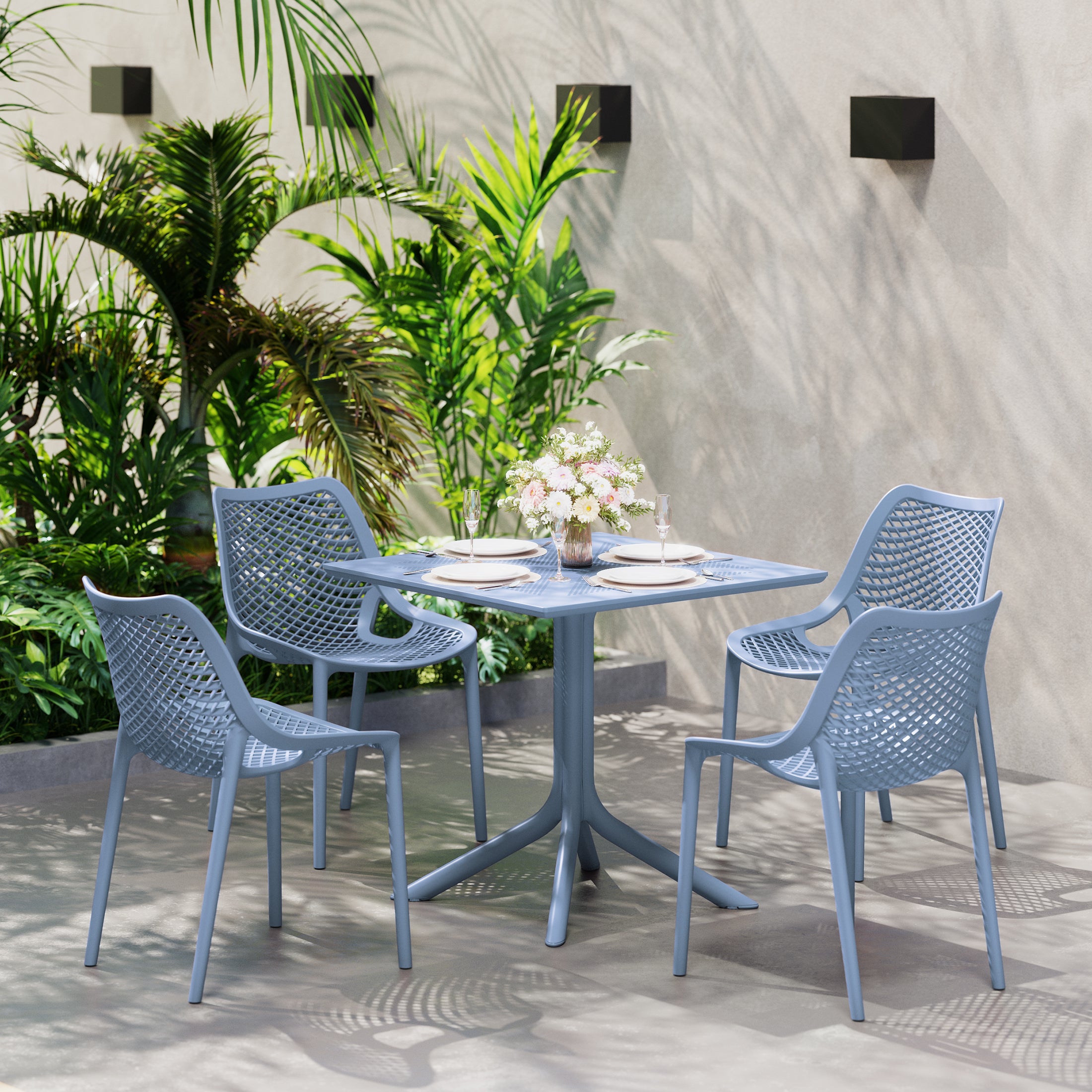 Playa 5-Piece Modern Square Patio Dining Table Set with Stackable Patio Dining Chairs