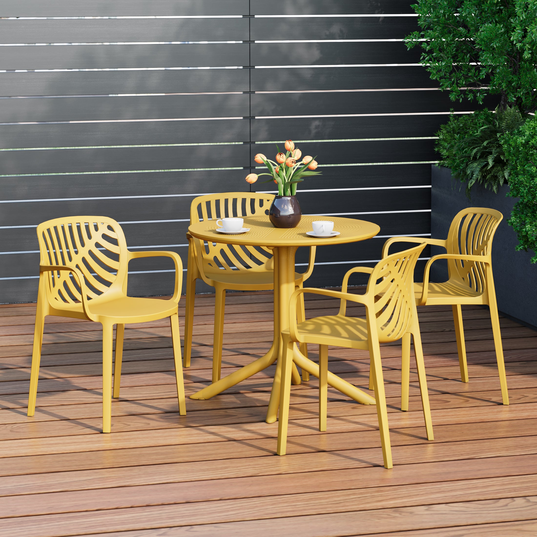 Playa 5-Piece Outdoor Resin Round Patio Dining Table Set with Modern Stackable Patio Dining Chairs