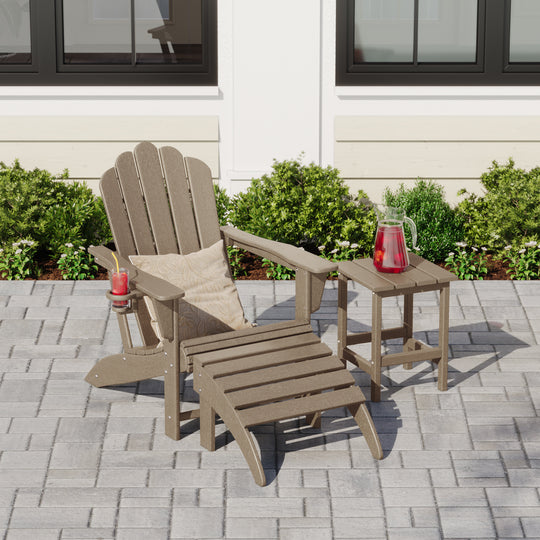 Highland 3-Piece Adirondack Chair with Cup Holder and Folding Ottoman and Table Set