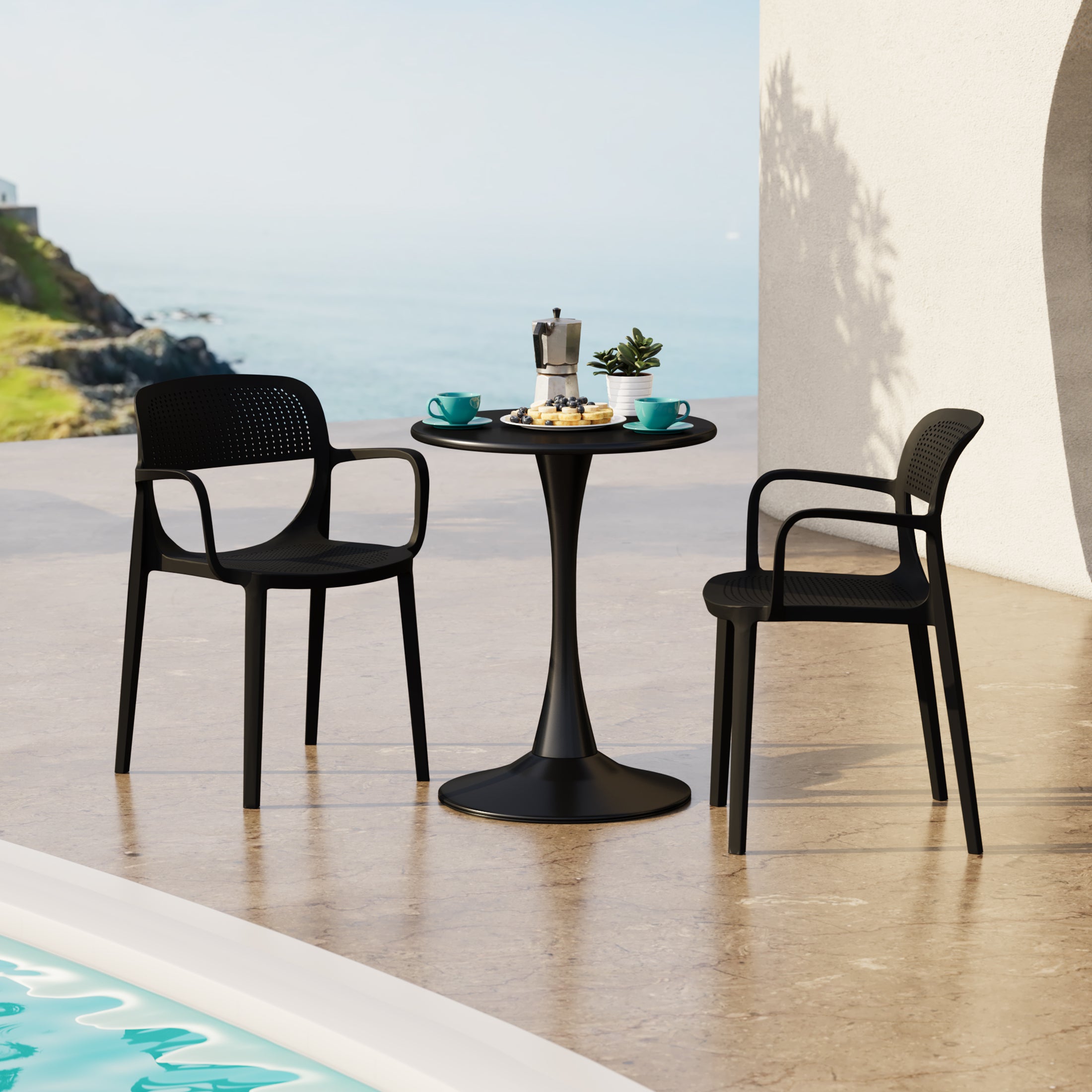 Playa 3-Piece Round Metal Bistro Dining Table Set And Stackable Resin Patio Dining Arm Chairs