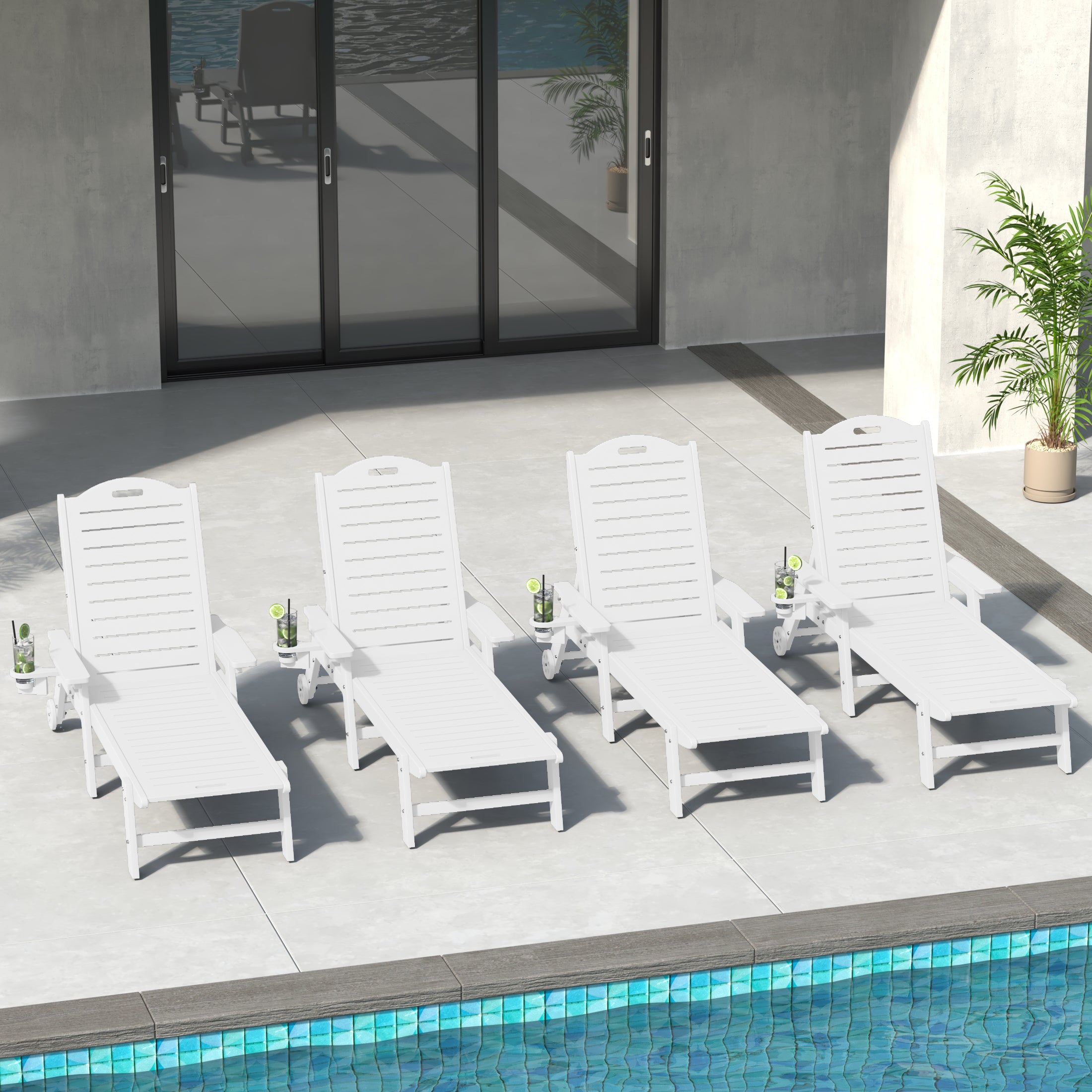 Aruba Outdoor HDPE Patio Chaise Lounges With Wheels & Cup Holder (Set of 4)