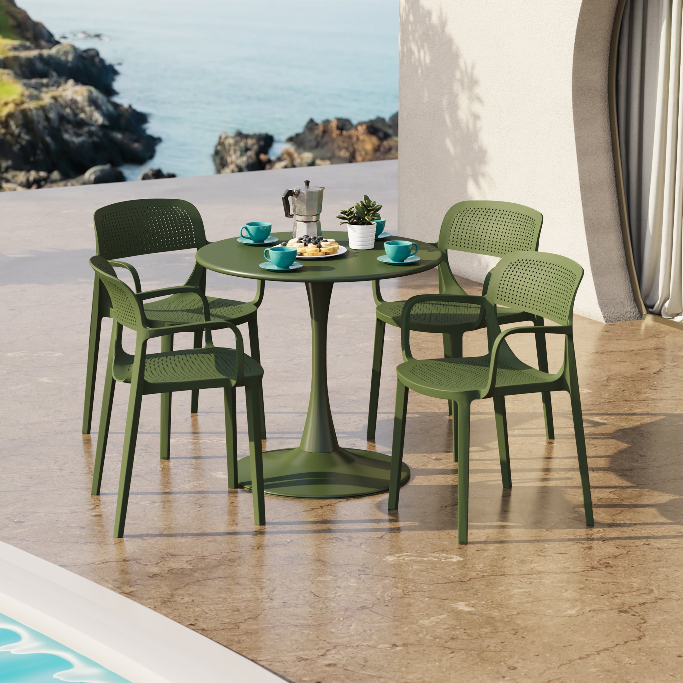 Playa 5-Piece Round Metal Bistro Dining Table Set And Stackable Resin Patio Dining Side Chairs
