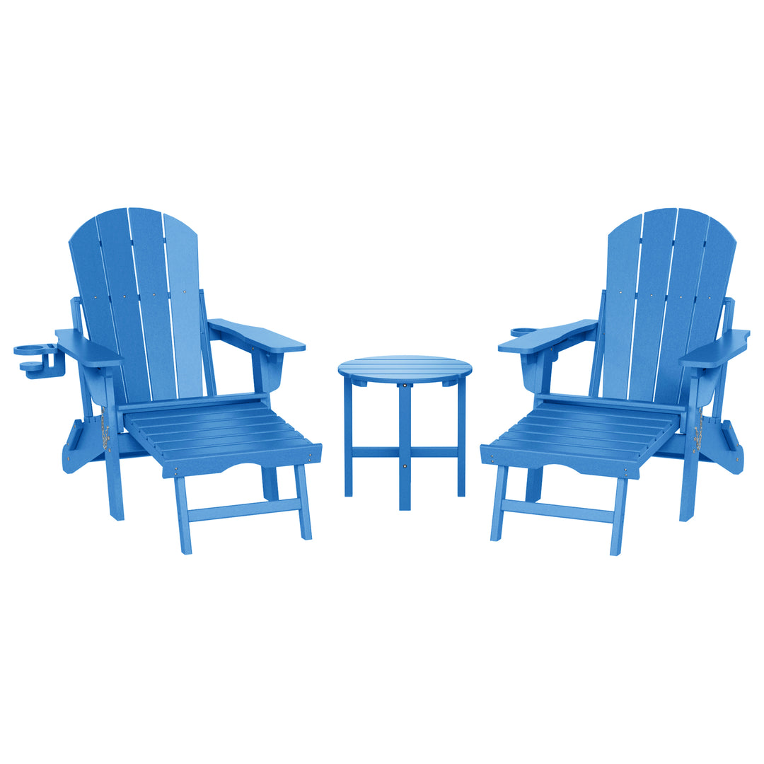 Malibu 3-Piece Outdoor Folding Adjustable Adirondack Chair with Cup Holder & Hideaway Ottoman and 18" Side Table