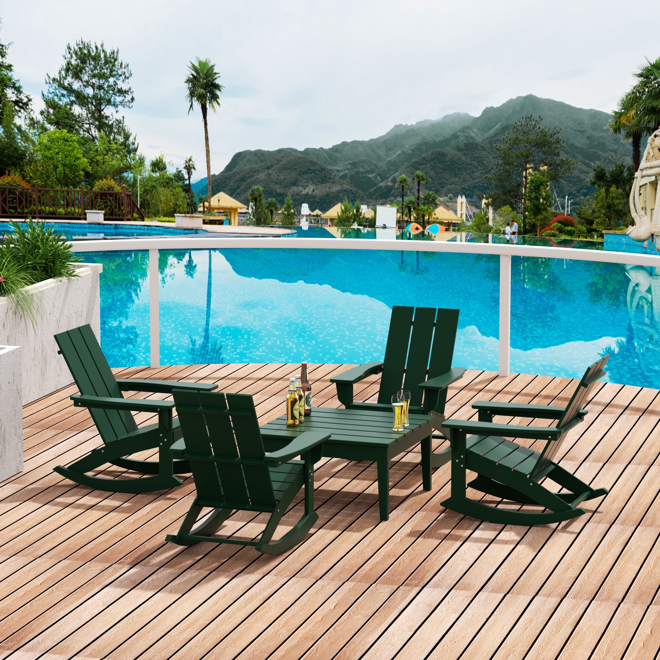 Ashore 5-Piece Set Modern Plastic Outdoor Rocking Chairs with Square Side Table