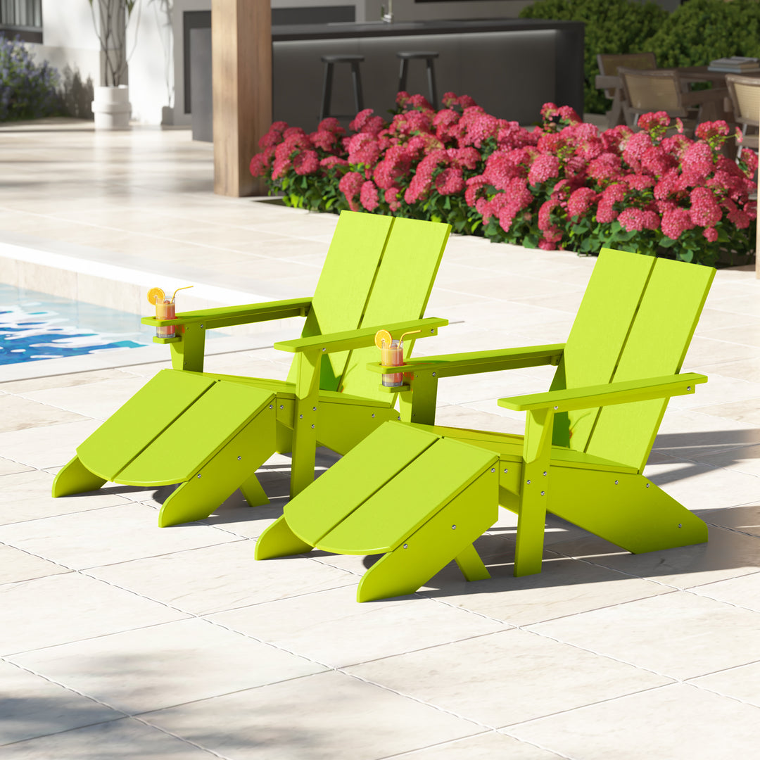 Riviera Outdoor 4-Piece HDPE Modern Adirondack Chairs Set with Folding Patio Ottomans and Cup Holder