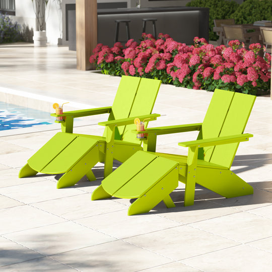 Riviera Outdoor 4-Piece HDPE Modern Adirondack Chairs Set with Folding Patio Ottomans and Cup Holder