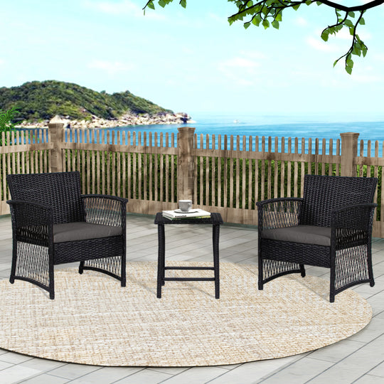 Melvi 3-Piece Outdoor Patio Wicker Conversation Set, Black