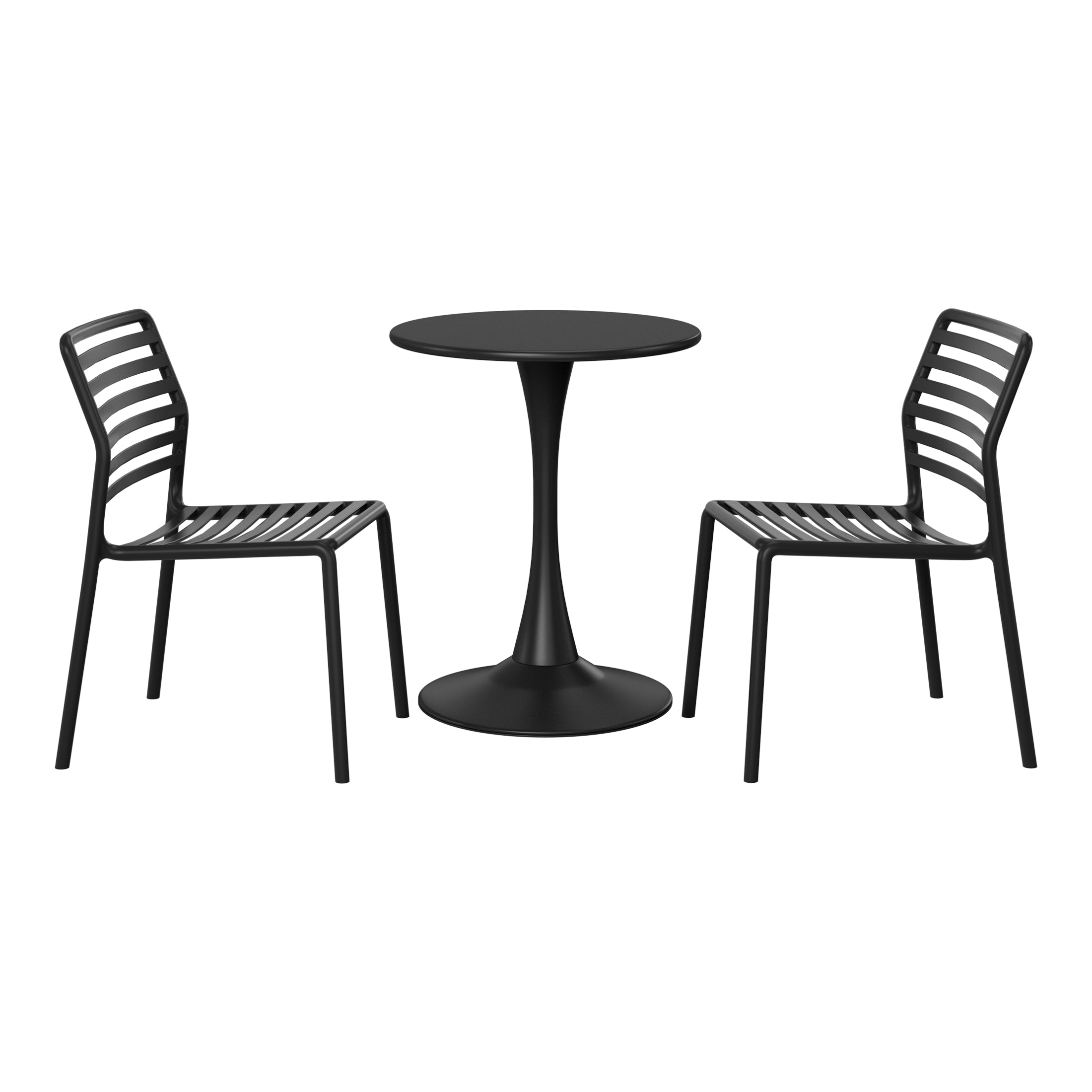 Playa 3-Piece Outdoor Metal Round Dining Table Set With Stackable Resin Patio Dining Chairs