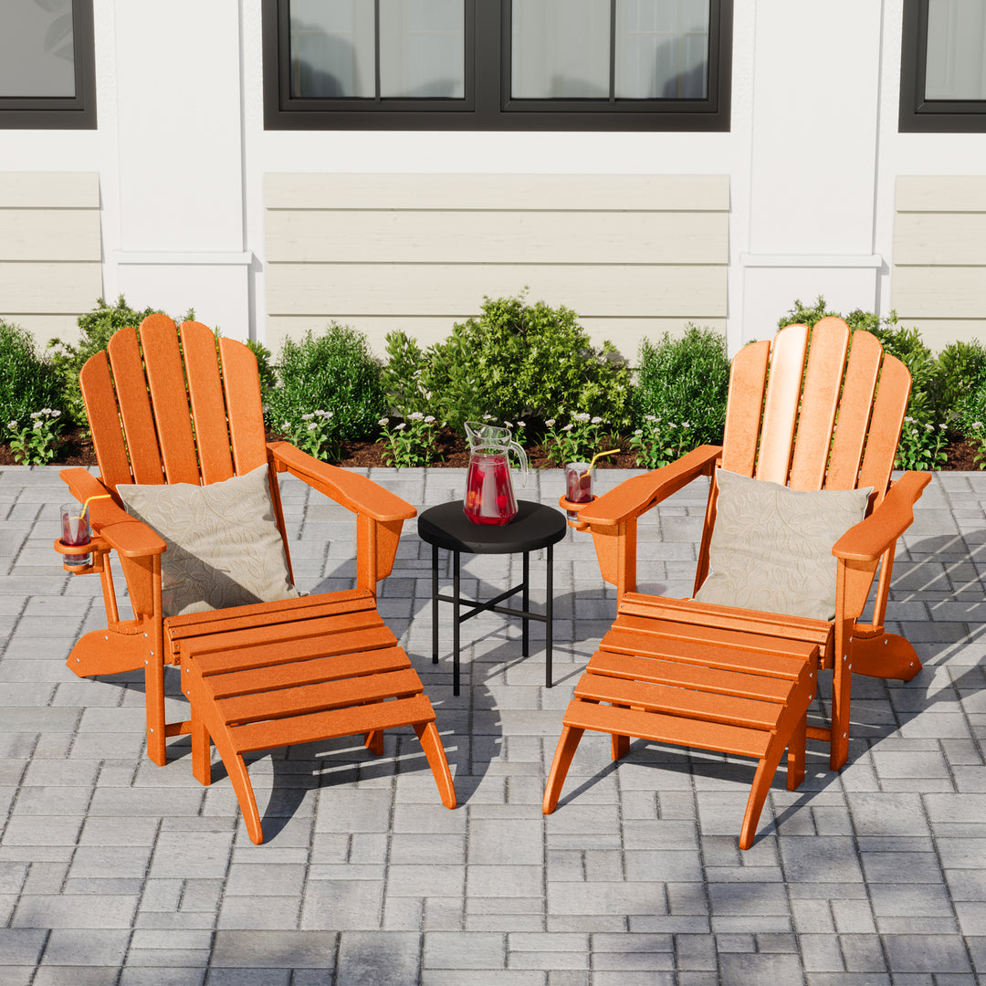 Highland 4-Piece Outdoor Patio HDPE Adirondack Chairs With Ottomans and Cup Holder Set