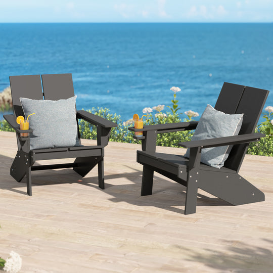 Riviera Outdoor HDPE Modern Adirondack Chair with Cup Holder (Set of 2)