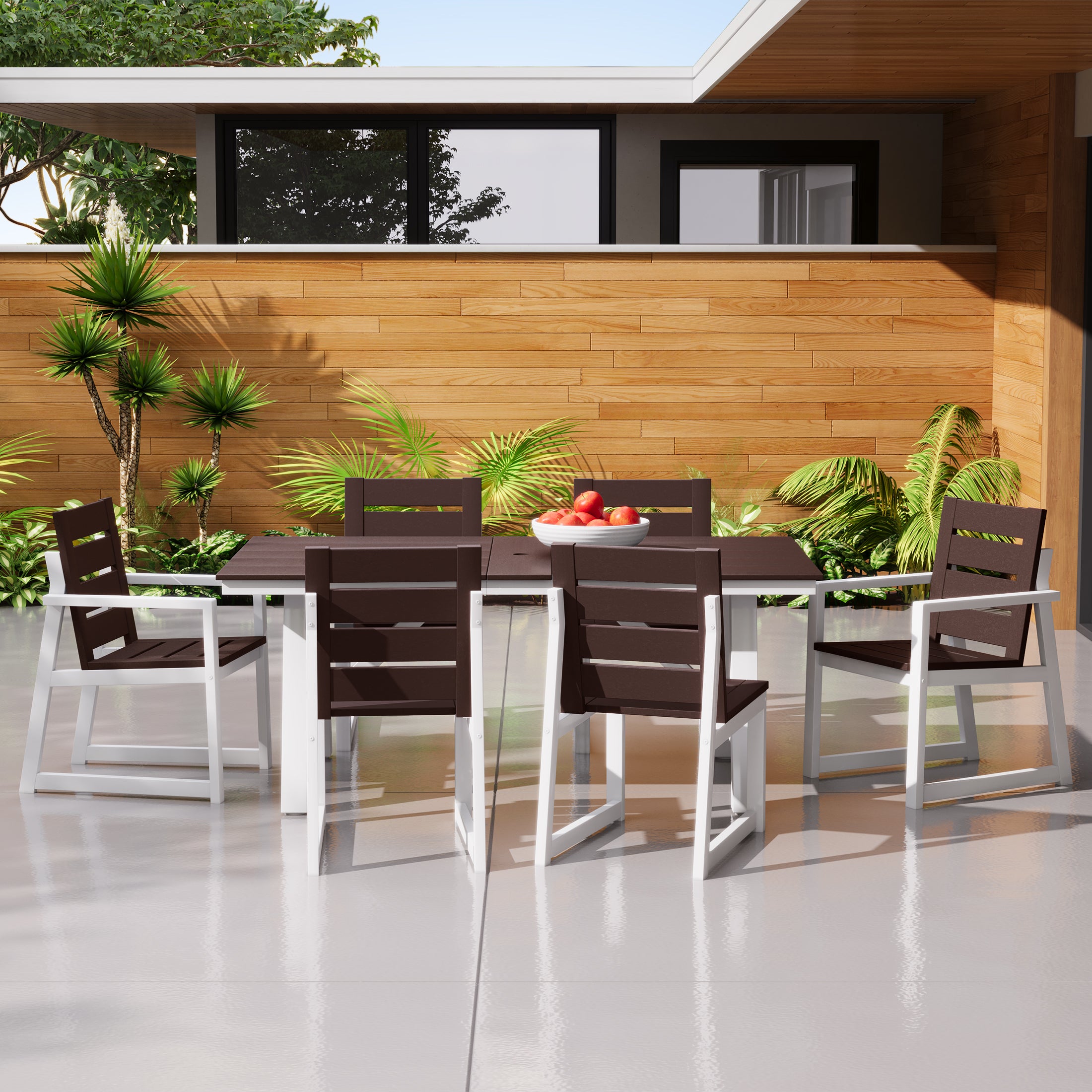 Cape May 7-Piece HDPE Outdoor Furniture Patio Dining Table With Umbrella Hole and Chairs Set For 6