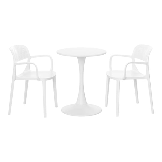 Playa 3-Piece Round Metal Bistro Dining Table Set And Stackable Resin Patio Dining Arm Chairs