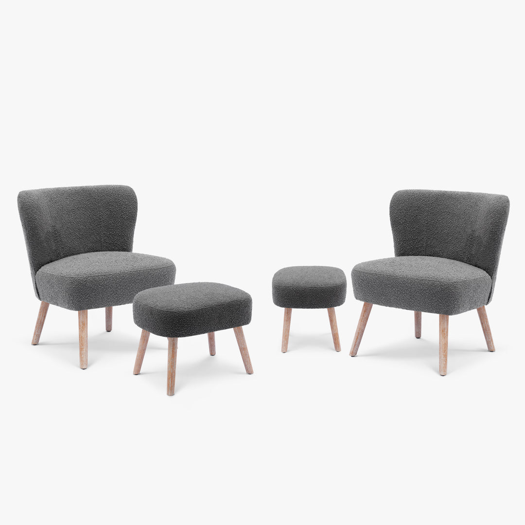 Genevieve 4-Piece Set Mid-Century Boucle Accent Chairs with Ottoman Foot Stools