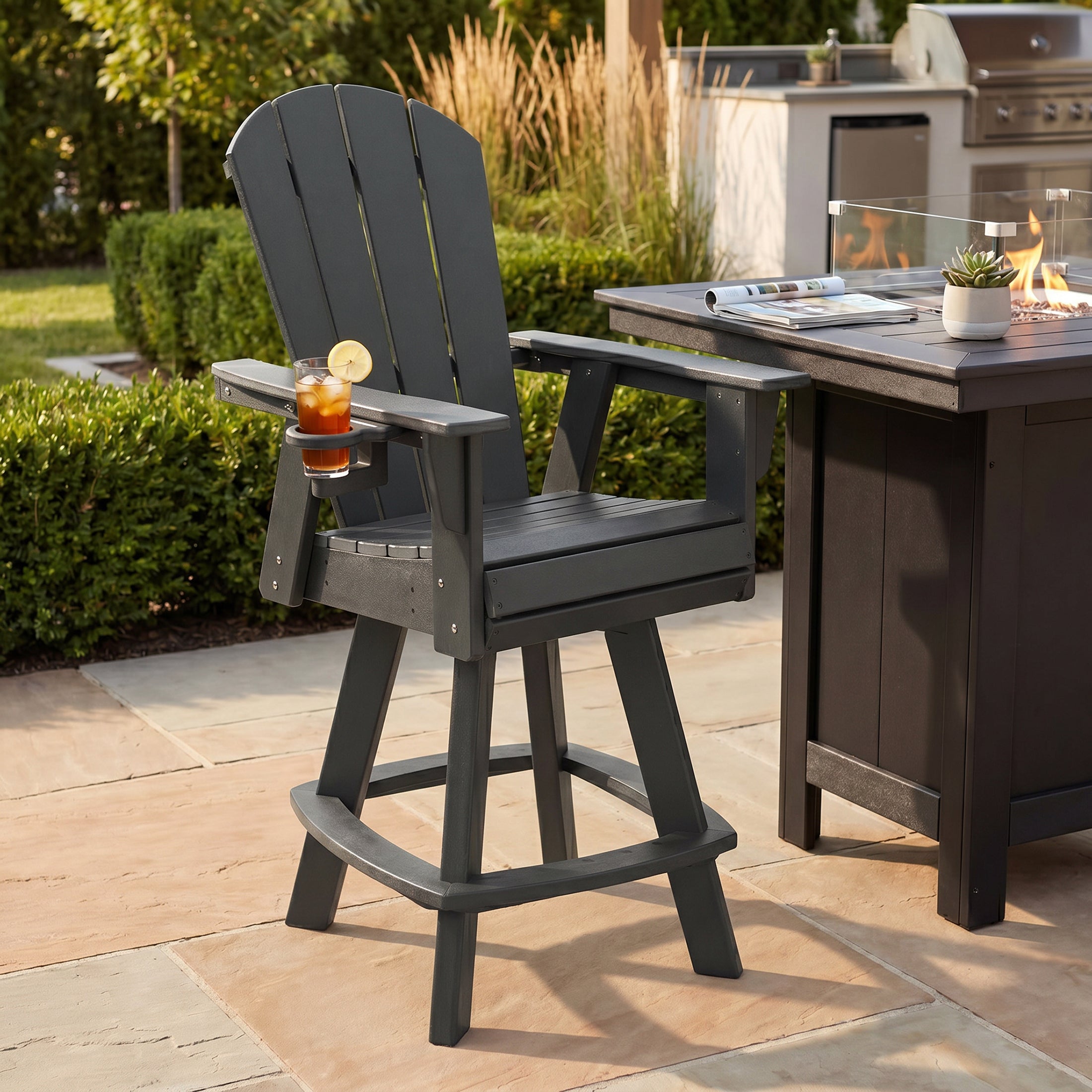 Malibu Outdoor HDPE Swivel Adirondack Bar Height Chair With Cup Holder