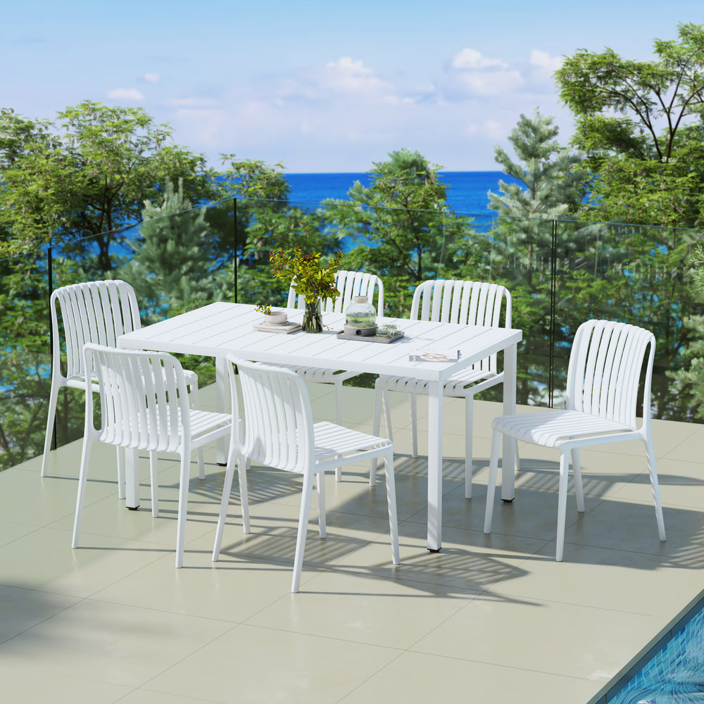 Playa 7-Piece Outdoor Patio Dining Table Set With Stackable Patio Chairs