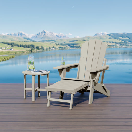 Malibu 2-Piece Outdoor Folding Adjustable Adirondack Chair with Cup Holder & Hideaway Ottoman and 18" Side Table