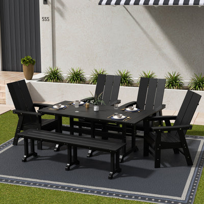Ashore 6 Piece Outdoor Patio Rectangle Dining Table and Dining Bench Modern Armchair Set