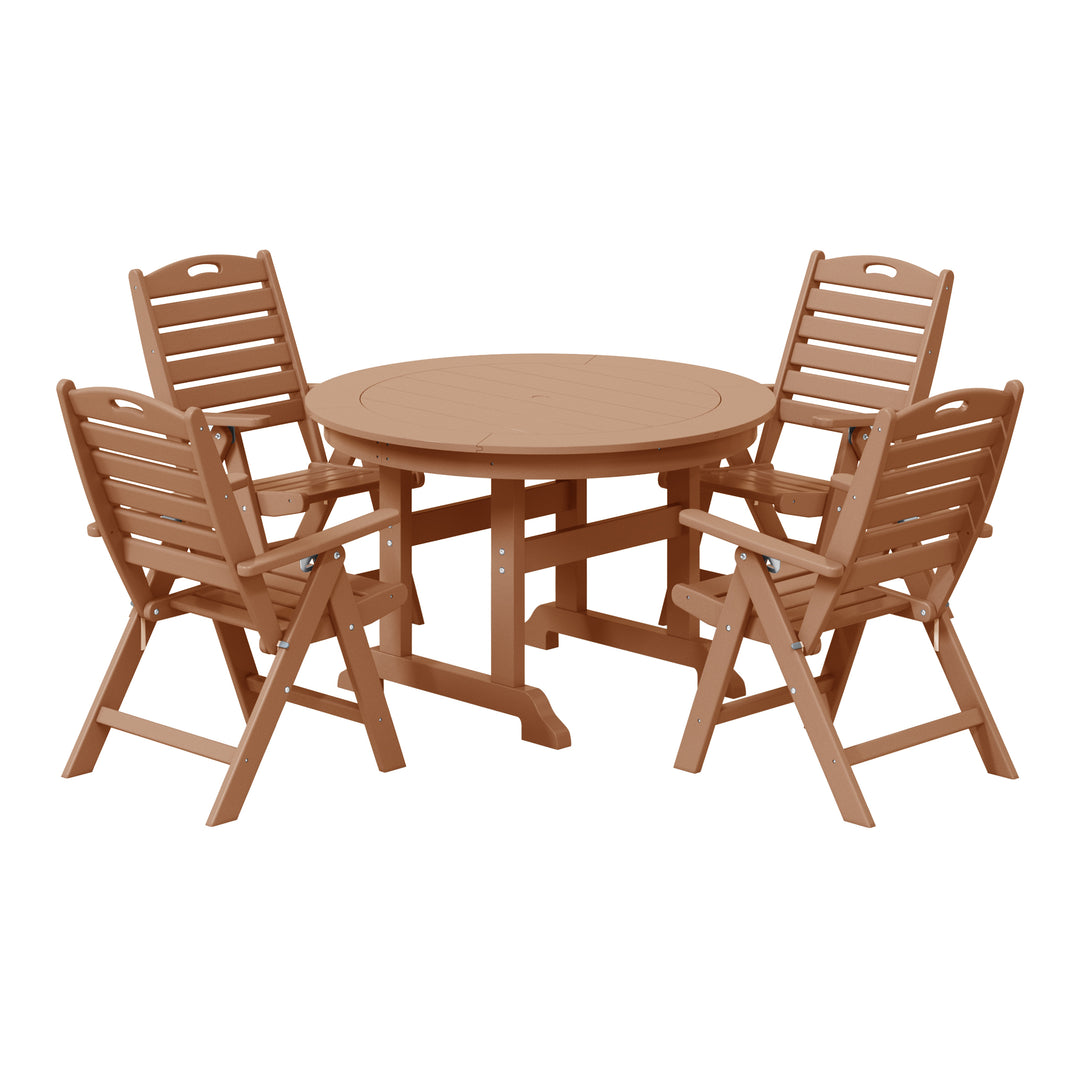 Malibu 5-Piece HDPE Round Patio Dining Table Set with Foldable Chairs