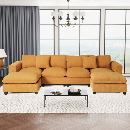 Hearthside 128" Corduroy Modular U-Shaped Sectional Couch and Chaise With USB/Type-C Ports and Side Pockets