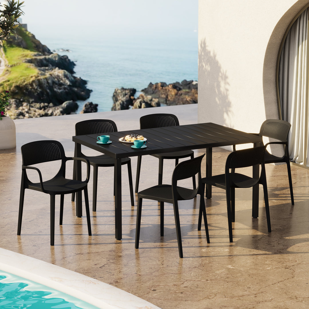 Playa 7-Piece Outdoor Rectangular Metal Patio Dining Table Set With Stackable Patio Dining Chairs