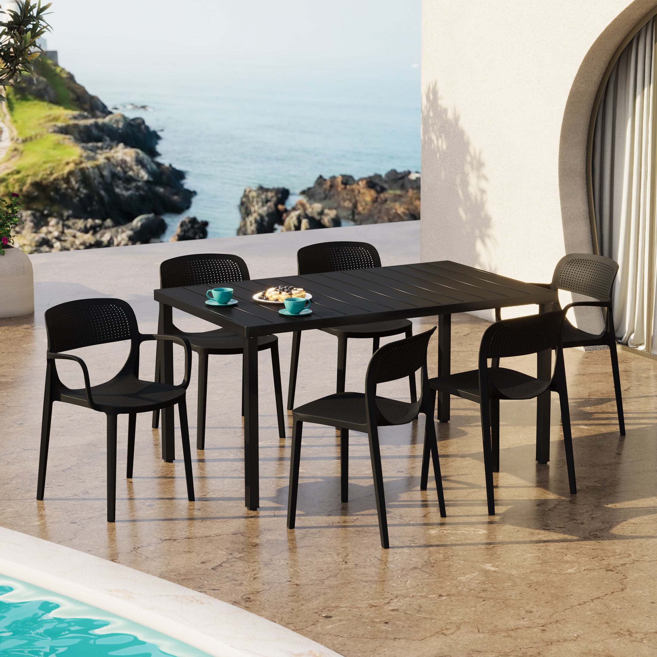 Playa 7-Piece Outdoor Rectangular Metal Patio Dining Table Set With Stackable Patio Dining Chairs