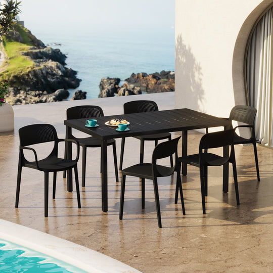 Playa 7-Piece Outdoor Rectangular Metal Patio Dining Table Set With Stackable Patio Dining Chairs