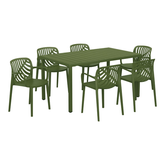 Playa 7-Piece Outdoor Metal Rectangle Patio Dining Table Set With Stackable Resin Patio Dining Chairs