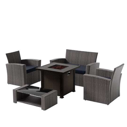 Coastal 4-Piece Gray Outdoor Patio Conversation Sofa Set with Square Fire Pit Table