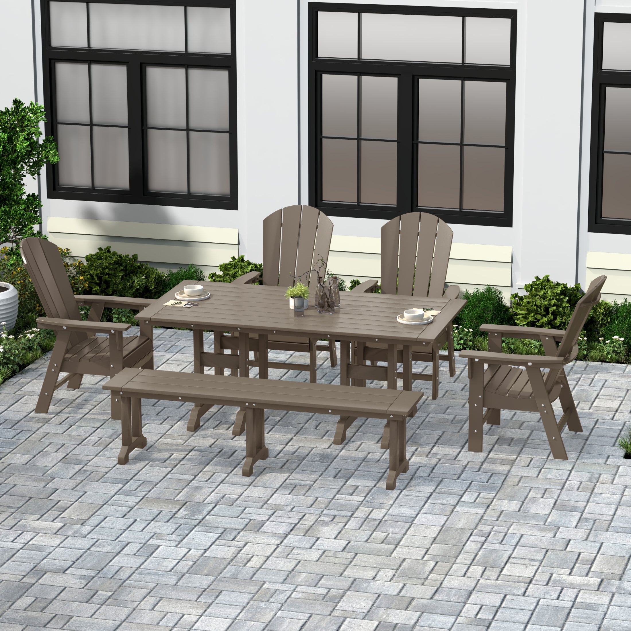 Malibu 6 Piece Outdoor Patio Dining Table and Armchair Dining Bench Set