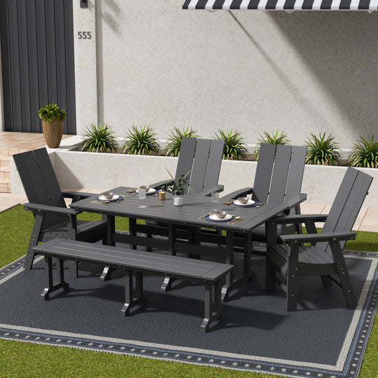 Ashore 6 Piece Outdoor Patio Rectangle Dining Table and Dining Bench Modern Armchair Set