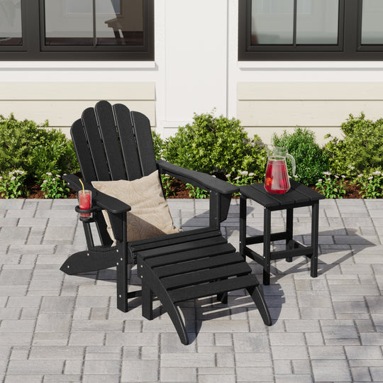 Highland 3-Piece Adirondack Chair with Cup Holder and Folding Ottoman and Table Set