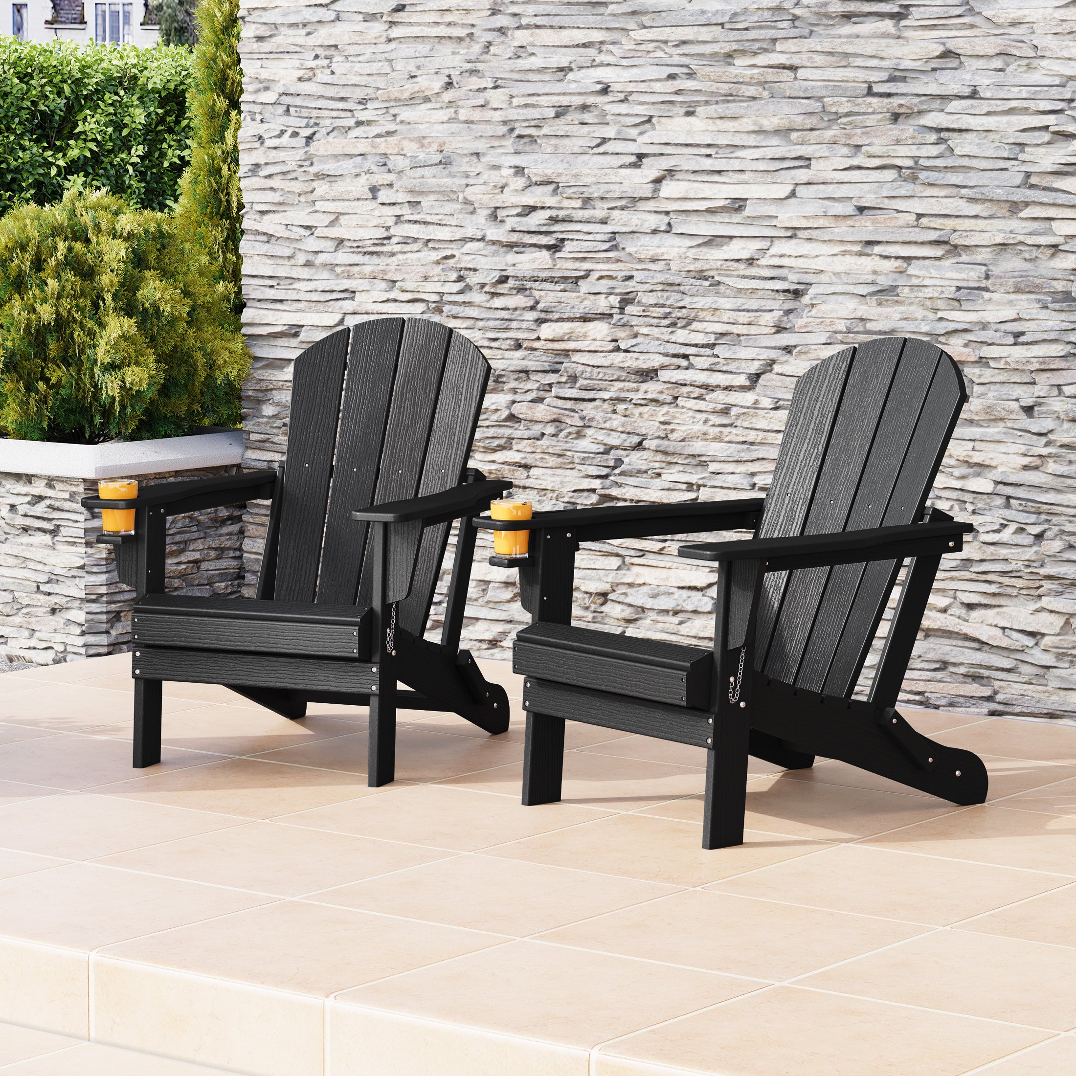Nantucket Outdoor Patio HDPE Resin Folding Adirondack Chairs With Cup Holder and Phone Holder (Set of Two)