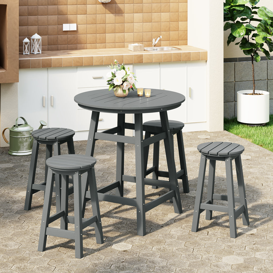 Malibu 5-Piece HDPE Outdoor Patio Dining Bar Bistro Table Set with Counter High Round Bar Stools