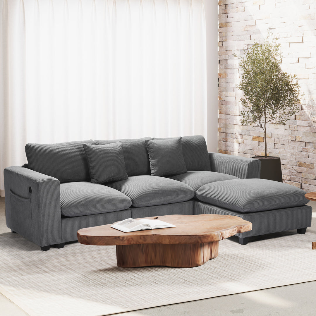 Hearthside 99" Modular Corduroy L-Shaped Sectional Sofa and Chaise With USB/Type-C Ports and Side Pockets
