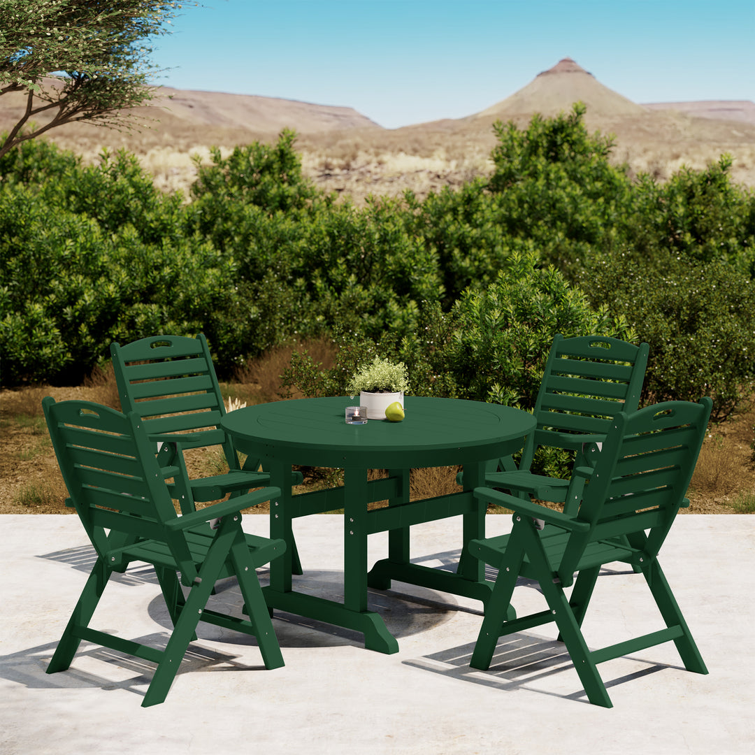 Malibu 5-Piece HDPE Round Patio Dining Table Set with Foldable Chairs