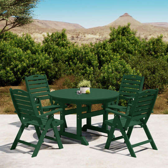 Malibu 5-Piece HDPE Round Patio Dining Table Set with Foldable Chairs