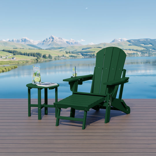 Malibu 2-Piece Outdoor Folding Adjustable Adirondack Chair with Cup Holder & Hideaway Ottoman and 18" Side Table