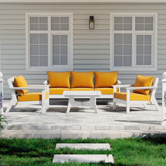Avalon 6 piece modular sectional sofa set in White with Yellow cushions styled outdoors