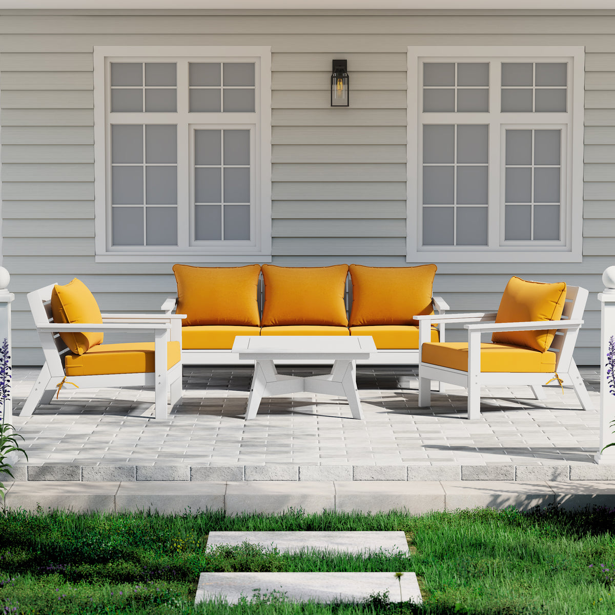 Avalon 6 piece modular sectional sofa set in White with Yellow cushions styled outdoors