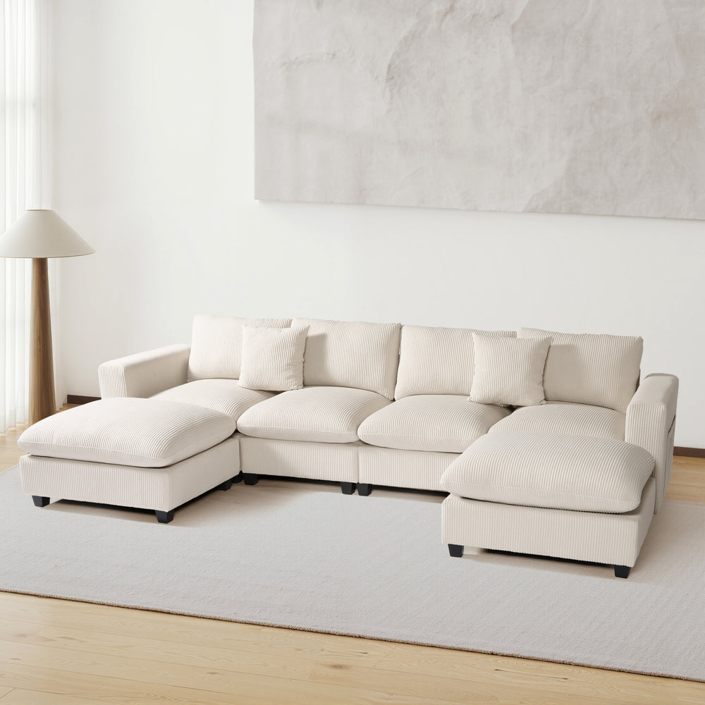 Hearthside 128" Corduroy Modular U-Shaped Sectional Couch and Chaise With USB/Type-C Ports and Side Pockets