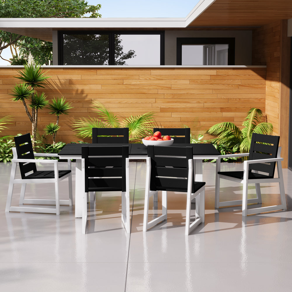 Cape May 7-Piece HDPE Outdoor Furniture Patio Dining Table With Umbrella Hole and Chairs Set For 6