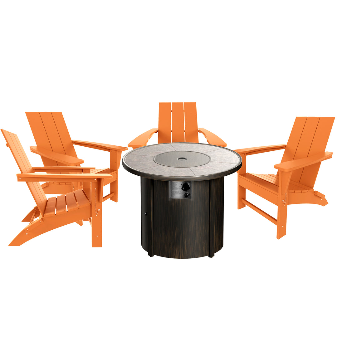 Ashore Modern Folding Poly Adirondack Chair With Round Fire Pit Table